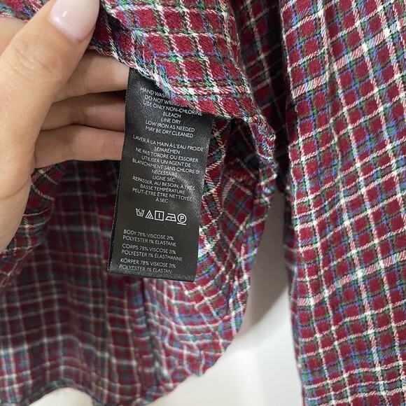 ANTHROPOLOGIE Pilcro Red plaid collared ruched button down long sleeve shirt SML - Picture 3 of 7